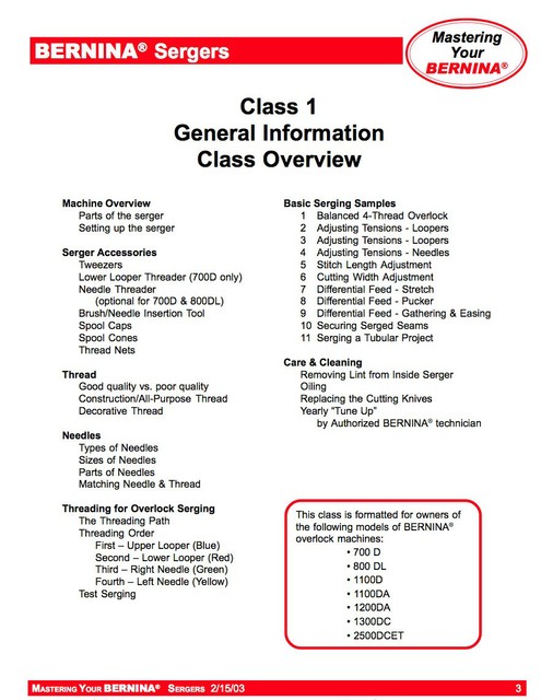BERNINA 700D 800DL 1100D 1100DA 1200DA 1300DC 2500DCET Owners WORKBOOK