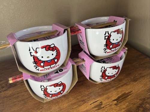 Sanrio Hello Kitty Red Japanese Ramen Noodle Rice Bowl w/ Chopsticks Set of 4 - Picture 2 of 4