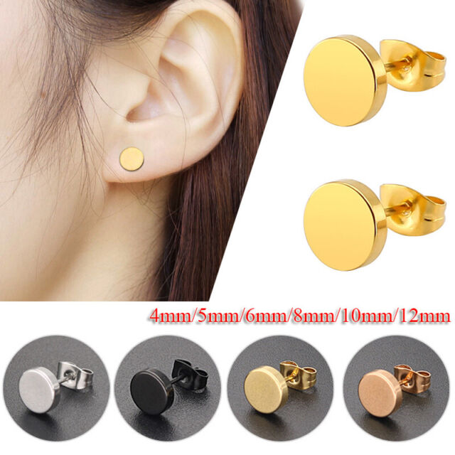 Pair Gold Black Punk Round Stud Stainless Steel Ear Studs Earrings Men Women