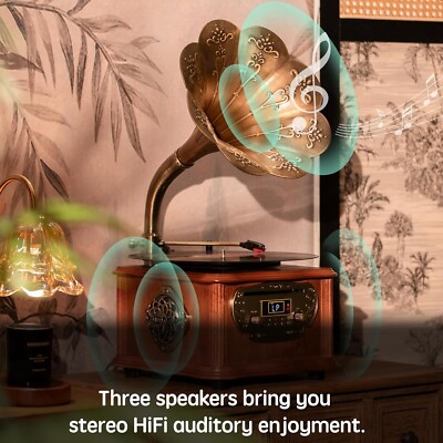 HOFEINZ Wooden Gramophone Record Player Bluetooth 4.2 USB FM Radio