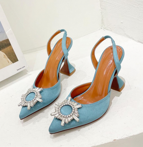 Women Sun Flower Rhinestone High Heels Pointed Toe Pumps Sandals Slingback Shoes - Imagen 4 de 22