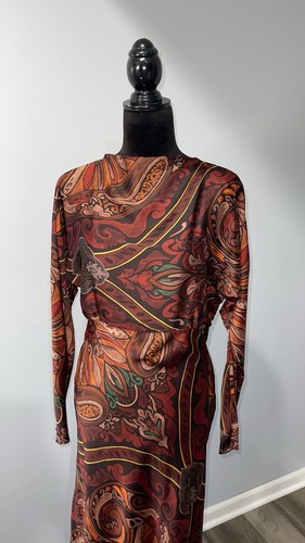 Zara Paisley print brown tones multicolor maxi satin dress size Small NEW - Picture 3 of 18