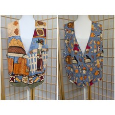 Vtg Handmade Reversible Vest Halloween Autumn Fall Pumpkin Scarecrow Sunflower