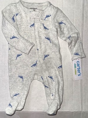 CARTERS Child of Mine soft sleeper light gray/blue DINO motif size NEWBORN