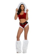 Red  White Holiday Vixen Velvet w/ Faux Fur Hooded Croptop, High Waisted Shorts
