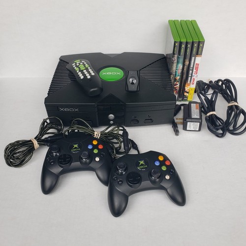 Original Xbox Console w/ 2 Controllers Memory Card Remote Cables & 5 CIB Games