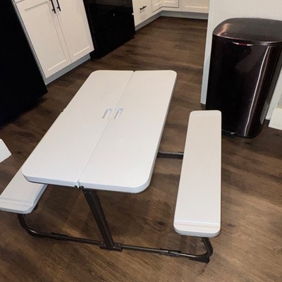 Foldable White Plastic Picnic Table & Bench Set, Steel Frame, 300 lb Cap