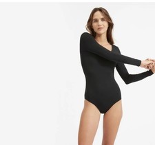 Everlane Bodysuit Womens Small Black Long Sleeve V Neck Supima Cotton Stretch