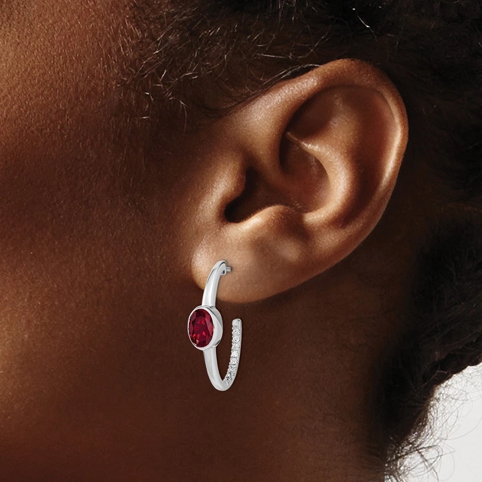 14k White Gold Oval Lab Created Ruby and Diamond J-Hoop Earrings - Image 3 of 4