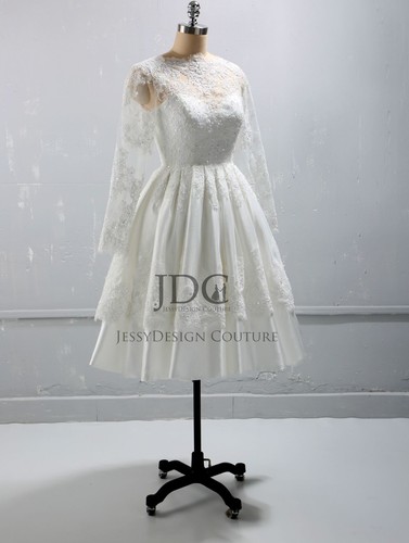 Knielanges Spitze Brautkleid Hochzeitskleid Standesamtskleid Langarm Rückenfrei - Bild 2 von 10