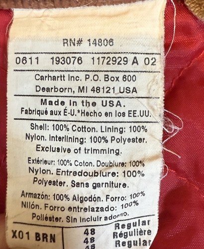 VTG Carharrt X01 Brown Duck Insulated Coveralls 48 Reg USA Made Union UFCW - Picture 11 of 24