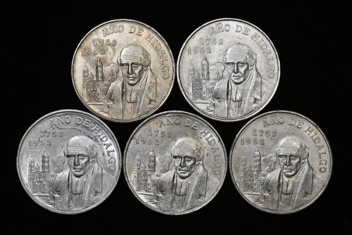 Lot of Five 1953 Hidalgo Bicentennial Silver Mexico 5-Peso, KM# 468 (Lot 2)