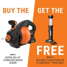 Worx Nitro 20V Power Share 25 ft. Cordless Drain Auger w/ FREE Flashlight