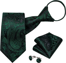 Silk Zipper Ties for Men,Paisley Solid Plaid Pre-tied Tie and Pocket Square Cuff