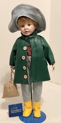 Marian Yu Designs 18'' Porcelain Doll Boy Green Raincoat Numbered 992/2500 COA