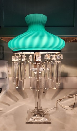 Antique Clear Glass Table Lamp Emeralite Green Swirl Shade - Picture 4 of 17