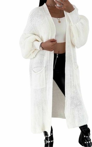Women's Ladies Balloon Sleeve Chunky Knitted Oversized Long Jumper Maxi Cardigan - Picture 13 of 22