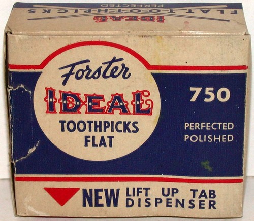 Vintage box FORSTER IDEAL TOOTHPICKS Flat Wilton Maine with most of its contents