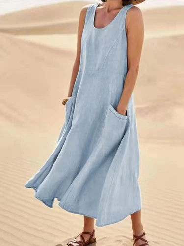 Women's Cotton Linen Maxi Dress Ladies Solid Pockets Sleeveless Summer Sundress - Picture 18 of 34