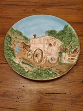 Rare Vintage CERAMIC MOLD 3D RELIEF WALL PLATE Hand Painted Wagon Stagecoach