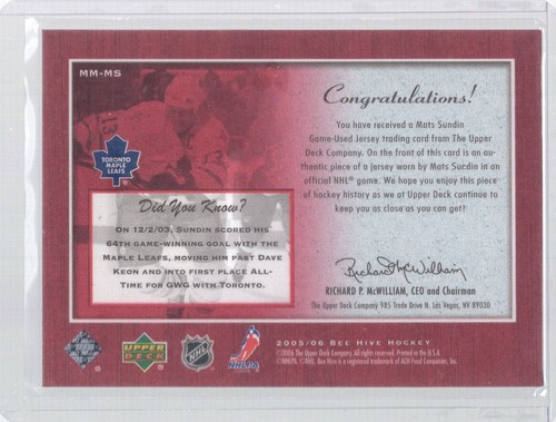 * 2005-06 UD Beehive - Matted Materials #MM-MS - MATS SUNDIN - Bild 2 von 2
