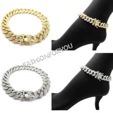 Women's Stone Filled 12mm 9.5",11",12" Cuban Chain Anklet Ankle Bracelet RAK41