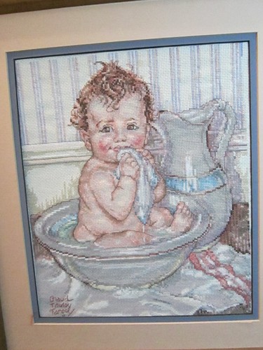 18 3/4" X 16 1/2" Framed Needlepoint Picture Of Child In Victorian Wash Bowl - Picture 2 of 5