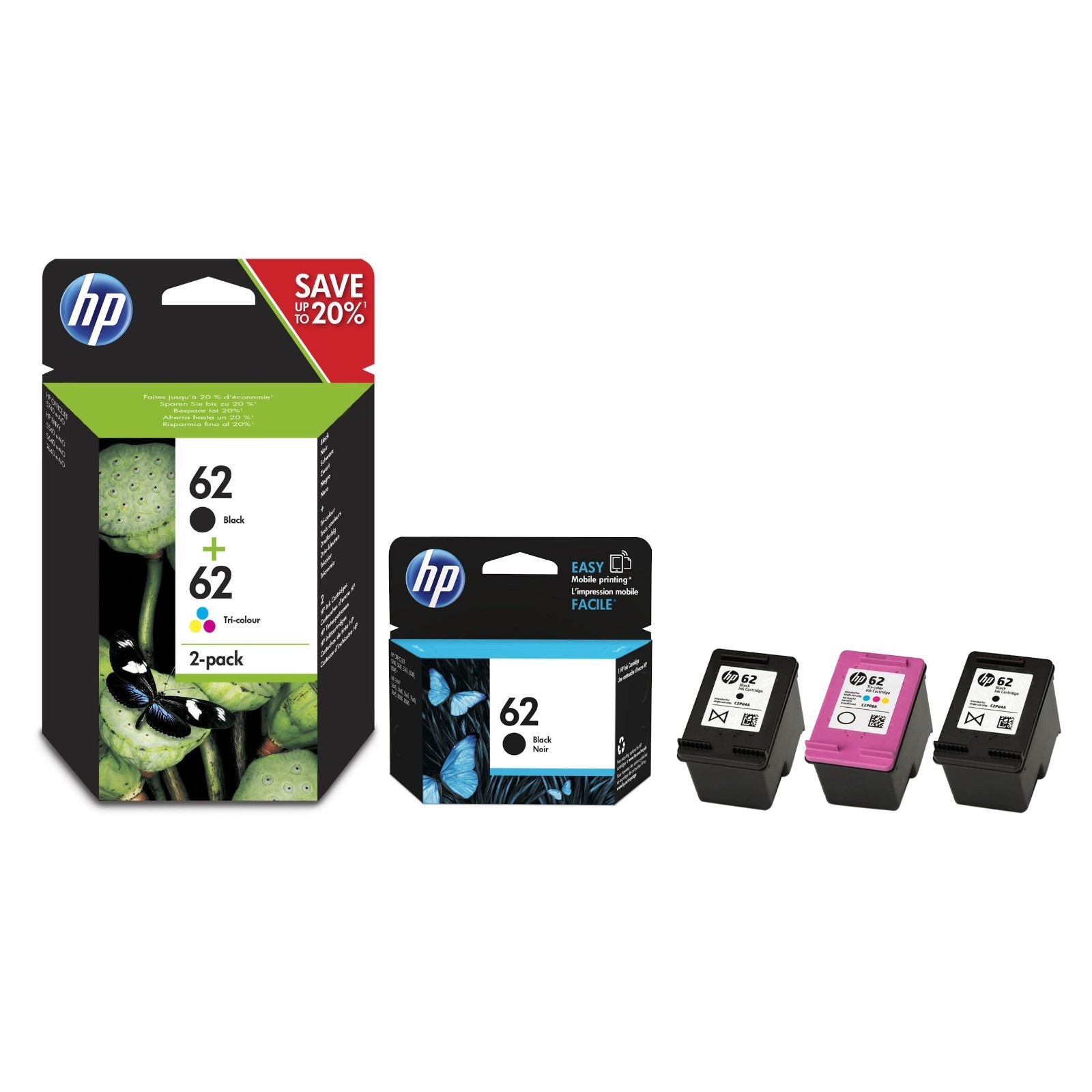 2x HP 62 Black & 1x Colour Ink Cartridge For OfficeJet 200c Mobile Printer