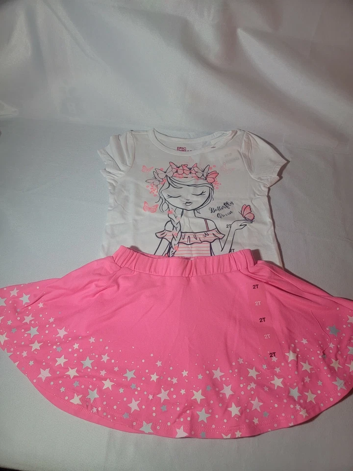 Epic Threads Niñas Mariposa Camiseta y Scooter Falda Conjunto 2T Rosa/Blanco ¡NUEVO! Foto 3 de 4