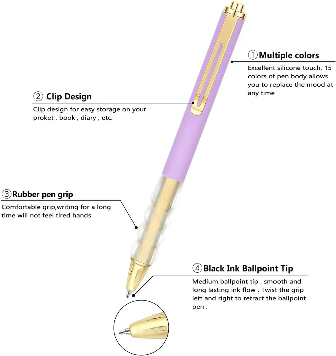 Black Easy Touch Retractable Pens - 6 Pack With Comfort Grip