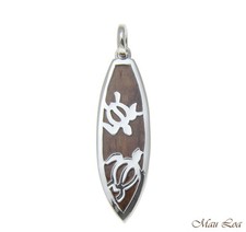 Koa Wood Hawaiian Honu Sea Turtle Surfboard Rhodium Silver Plated Brass Pendant