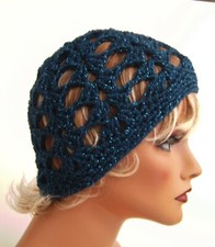 NEW DARK TEAL SPARKLE OPEN WEAVE BEANIE HAT HAND MADE CROCHET BERET SKULL CAP