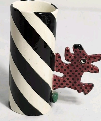 VINTAGE Judith starker Becher schwarz & weiß gestreift rot Hundegriff signiert 1981 4,5" hoch - Bild 4 von 8