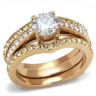 Rosegold Ring Set CZ Klar Champagner Hochzeit Verlobung Stahl 2 Stück Damen 3264