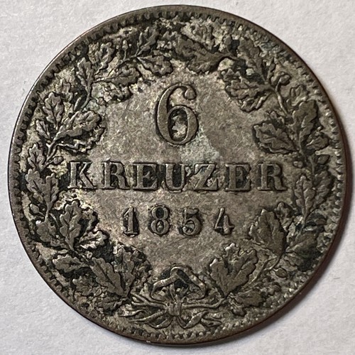 1854 Wurttemberg 6 Kreuzer Extremely Fine XF Coin #7025