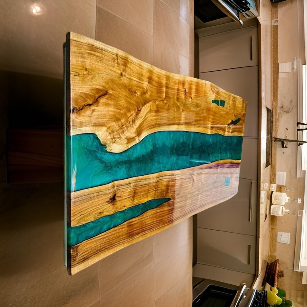 Green Epoxy Resin Dining Table Top Acacia Wood Live Edge Hallway Centerpiece Top