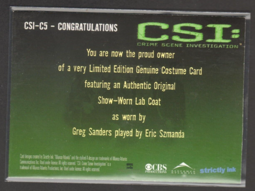 CSI CRIME SCENE INVESTIGATION GREG SANDERS COSTUME CARD CSI-C5 STRICTLY INK 2003 - Picture 2 of 2