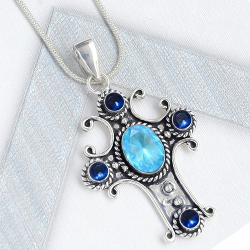 Collier Pendentif Topaze Bleue Londonienne – Forme Poire – Argenté – Bijou Fait Main Inde