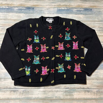 Jack B. Quick Beaded Owl Halloween Cardigan Sweater Large Black Embellished Bird