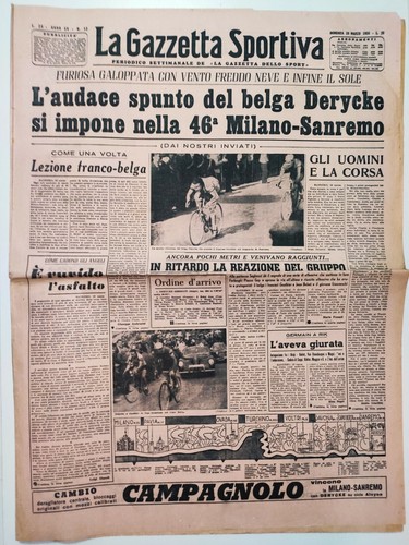 GAZZETTA DELLO SPORT 20 MARZO 1955 GERMAIN DERYCKE VINCE 46° MILANO-SANREMO - 第 1/1 張圖片