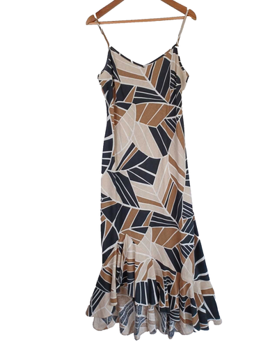 Marks & Spencer Linen Blend Maxi Dress SZ 12 Brown Print Hi-Lo Ruffle Hem V-Neck