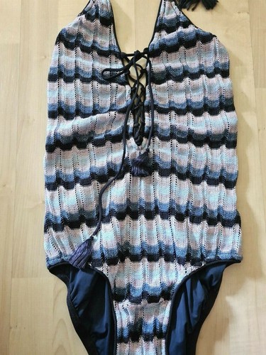 SUBOO Denim Metallic Zig Zag Knit Plunge Lace Front One Piece Swimsuit Open Back - Picture 3 of 9