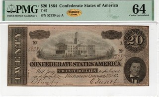 T 67 PF 4 1864 $20 Confederate Paper Money PMG Choice Uncirculated 64 CHOICE