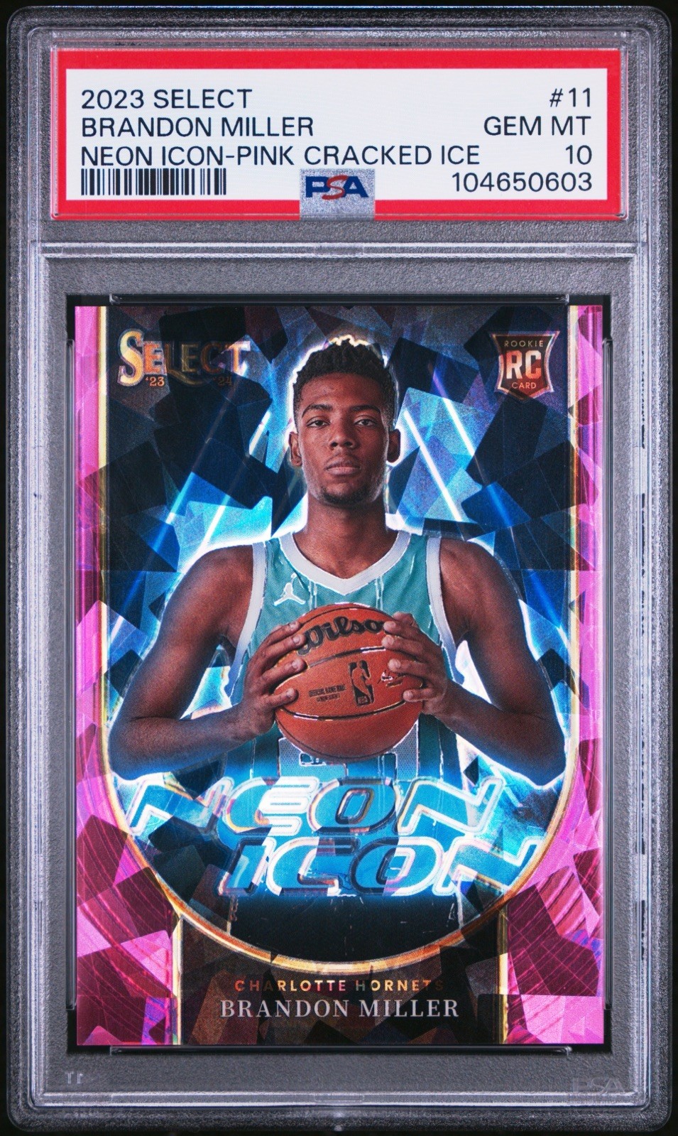 PSA 10 GEM MINT 2023 Select Brandon Miller Neon Icon Pink Cracked Ice /99 Rookie