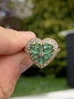 9Ct Gold Diamond Emerald Flower Heart Ring, Natural Emerald 9k 375 3.5g