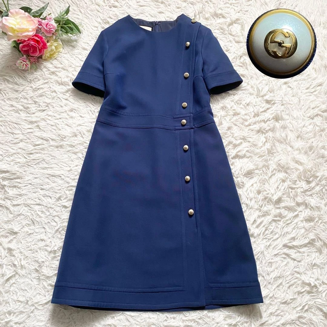Gucci Abito Seta Perla Gg Bottone Navy 38 m6_0711