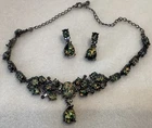 Vintage Costume Jewelry Faux Black Opal Black Metal Choker Necklace Earring Set