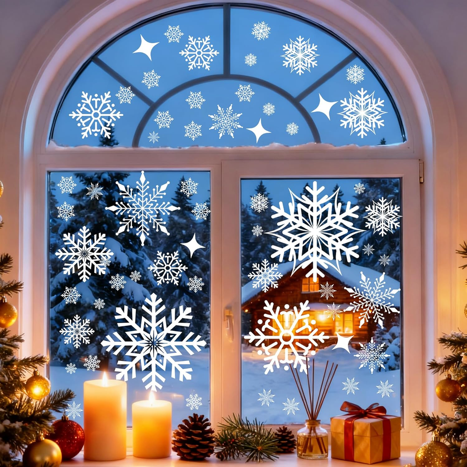 Adesivi Natalizi Per Finestre - 8 Fogli Con Fiocchi Di Neve, Babbo Natale, Alci E Pupazzi Di Neve, Removibili