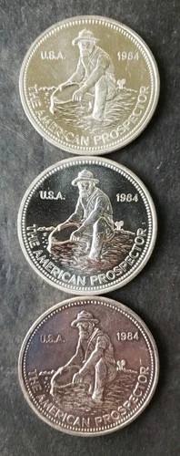 Lot of Three 1984 Engelhard 1oz Silver American Prospector Bullhorn Rounds