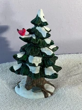 Christmas village accessory porcelain snow covered tree red cardinal Dickens